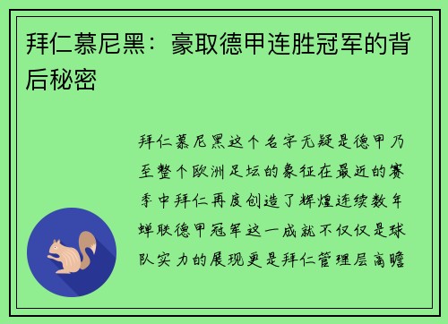 拜仁慕尼黑：豪取德甲连胜冠军的背后秘密